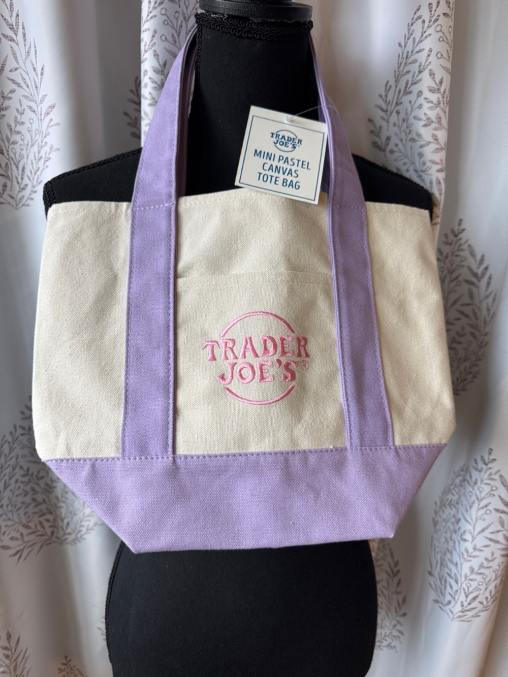 Trader Joe's Mini Canvas Tote Bag in Cream and Lavender